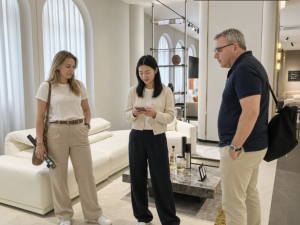Two international buyers and a SourceFoshan team member reviewing furniture in a Foshan showroom.