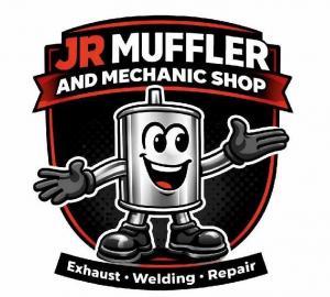 JR Muffler and Mechanic Shop logo featuring a cartoon muffler mascot and the words Exhaust, Welding, Repair.