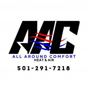 All Around Comfort Heat & Air logo with red and blue air-flow lines and phone number 501-291-7218