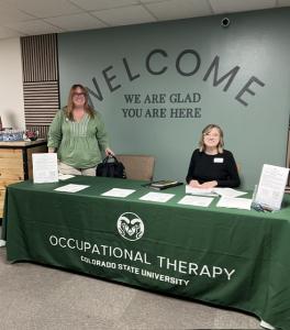Kara Alcorn-Borodach, OTD, OTR/L, and assistant professor at Colorado State University(left) and Sarah Gottlieb, occupational therapy doctoral student, prepare to meet with Boulder Concert Band members at a recent rehearsal.