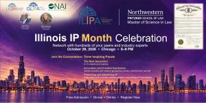 Illinois IP Month Celebration 2026 event flyer with Chicago skyline, three panel topics and the State of Illinois proclamation