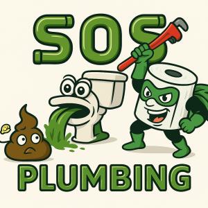 SOS Plumbing cartoon logo featuring a superhero toilet paper roll holding a pipe wrench
