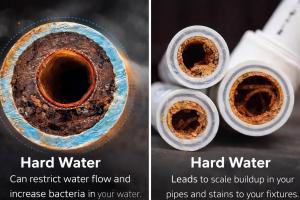 Cross-sections of corroded and scale-lined water pipes showing hard water buildup restricting flow