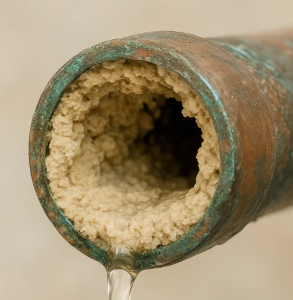 Copper water pipe opening heavily lined with mineral scale from hard water