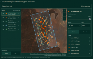 Using Geocluster to compare Wattle Creek surface gold with the mapped structures. The collar layer shows the highest gold assay in each hole.