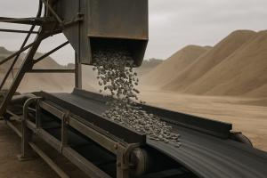 Crushed stone dropping from a steel discharge chute onto a conveyor belt with rubber skirting along both sides at a South African quarry