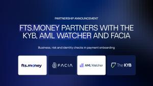 Partnership announcement graphic: FTS.Money partners with The KYB, AML Watcher and Facia. Business, risk and identity checks in payment onboarding. Logos of FTS.Money, Facia, AML Watcher and The KYB.