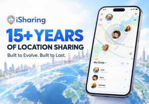 iSharing promotional banner highlighting more than 15 years of location-sharing services since 2010, featuring the iSharing app interface.