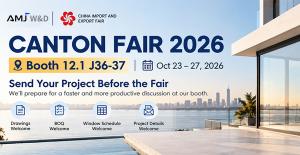AMJ Windows and Doors Canton Fair 2026 exhibition banner featuring Booth 12.1 J36-37 and custom aluminum windows and doors.