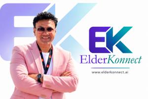 ElderKonnect branding featuring Abhijit Adhya in a pink blazer, alongside the EK logo and subtle imagery of senior citizens, representing a trusted eldercare marketplace.