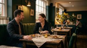 Two guests talking over dinner in a warmly lit restaurant with forest-green seating.