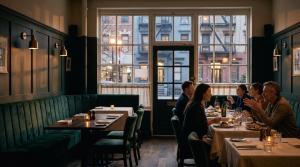 Illustrative New York bistro with forest-green banquettes, guests dining and brownstone buildings outside.