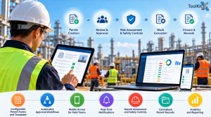 Permit To Work Software infographic showing digital approvals, hazard controls, real-time reporting, and mobile permit management in industrial environments.