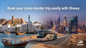 Shawy bus on a desert highway linking Muscat's Mutrah Corniche and the Riyadh skyline, with text "Book your cross-border trip easily with Shawy"