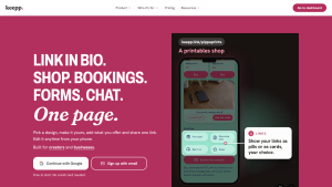 Keepp home page at keepp.link with a sample printables shop page on a phone