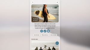 Keepp link in bio page for Noa Ferreira, a surf coach in Ericeira, with social links and a chat button
