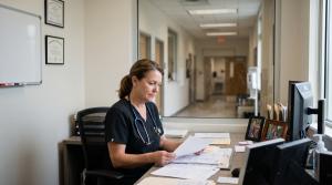 Female medical director sitting in office at her desk
