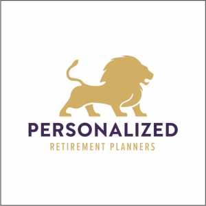 Personalized Retirement Planners logo featuring a gold lion above the company name in royal purple and gold lettering.