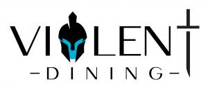 Logo of Violent Dining that spells out the name "Violent Dining" with a knight's helment in the "O' spot and a sword in the "T" spot.