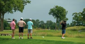 Golfers tee off during the 2026 Kemp Klein Charity Golf Classic at Fieldstone Golf Club in Auburn Hills.