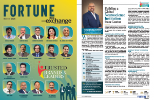 Fortune India Exchange October 2026 Trusted Brands & Leaders feature showing Dr. Mohana Rao Patibandla and his profile, “Building a Global Neuroscience Institution from Guntur.”