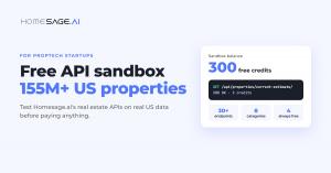 Homesage.ai cover card announcing a free API sandbox for proptech startups with 155M+ US properties