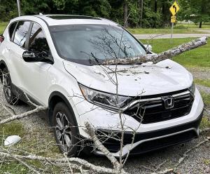 Fallen tree limb on the hood and cracked windshield of a white Honda CR-V before auto body repair in Cabot, Arkansas