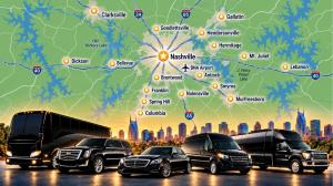 Nashville limo service coverage map showing LuxNashRide locations across Middle Tennessee, with luxury vehicles including SUVs, sedans, Sprinter vans and motor coaches.