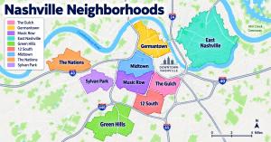 Nashville limo service neighborhoods map showing LuxNashRide coverage across key Nashville areas including The Gulch, Germantown, Music Row, East Nashville, Green Hills, Midtown, 12 South, The Nations and Sylvan Park.