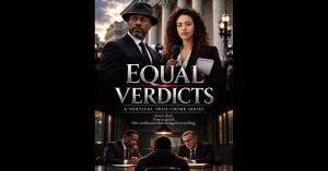 - Promotional artwork for Equal Verdicts, showing a man in a hat beside a female reporter, with a courtroom scene below.