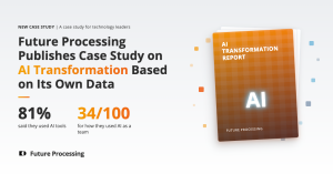 Cover graphic for Future Processing’s AI transformation case study, showing the headline, the statistics 81% and 34/100, the Future Processing logo and an orange report cover with the letters AI.