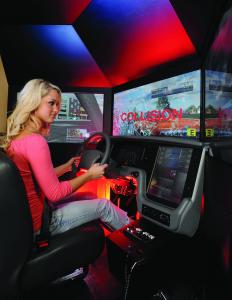 girl in simulator for driving