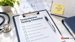 Testosterone testing checklist on a clipboard beside a morning test reminder and medical materials, with MOPE Clinic branding