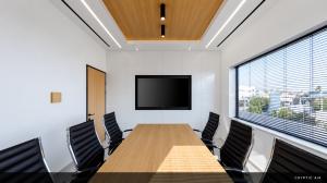 ryptic Air linear slot diffusers coordinated with recessed lighting and wood ceiling details in a modern conference room
