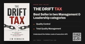 Front cover of The Drift Tax by Jim Rembach beside the words Amazon Best Seller, Best Seller in two Management and Leadership categories: Quality Control and Total Quality Management, the line Understand the hidden costs of execution drift, and a QR code