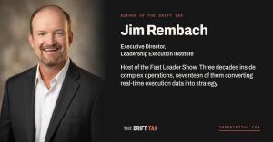 Portrait of author Jim Rembach in a charcoal jacket and white shirt, with his title as Executive Director of the Leadership Execution Institute and host of the Fast Leader Show