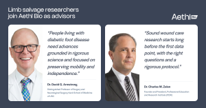 Headshots of Dr. David G. Armstrong and Dr. Charles M. Zelen beside their quotes, under the heading “Limb salvage researchers join Aethl Bio as advisors,” with the Aethl Bio logo.