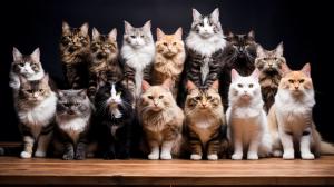 Group of cats of different breeds and colors sitting together against a dark background, representing CatFancast's cat news, stories, and videos.
