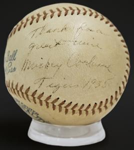Mickey Cochrane single-signed baseball, inscribed by the Hall of Fame catcher while on a hunting trip, a photo of the hunters included with the lot. Estimate: $2,000-$3,000