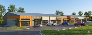 Rendering of a single-story flex industrial building with gray and orange metal siding, glass storefronts and roll-up doors, with pickup trucks and cars parked out front under a clear sky.