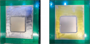 Side-by-side photographs showing a C-5 cargo-floor repair area before and after localized anodizing treatment. The silver-colored surface on the left contrasts with the yellow-toned treated surface on the right.