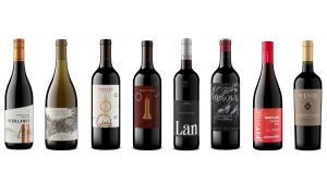 Eight bottles displayed side by side, featuring Highlands 41, Chateau Montelena, two Jada Empire wines, LAN, Opaque, FitVine Free and Wente.