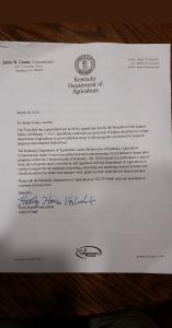 March 10, 2014, Kentucky Department of Agriculture letter on official letterhead confirming Bill Polyniak's participation in one of six authorized industrial hemp pilot programs.