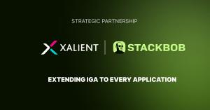 StackBob.ai and Xalient logos side by side on a dark green background, under the label “Strategic Partnership,” with the headline “Extending IGA to Every Application.”