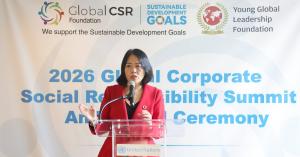 Jing Zhao Cesarone speaks at a United Nations podium during the 2026 Global CSR Summit and Award Ceremony in New York
