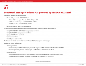 First page of a report titled: Benchmark testing: Windows PCs powered by NVIDIA RTX Spark