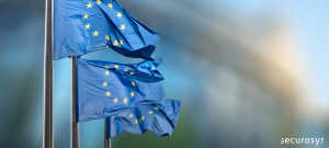 Three European Union flags with yellow stars on a blue background waving in the wind, with the Securosys logo in the bottom right corner.