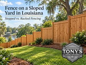 Stepped wooden privacy fence following a sloped Louisiana backyard, with grass, landscaping, mature trees, and Tony's Fencing & Iron Works logo.