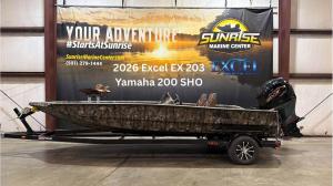 2026 Excel EX 203 camo aluminum boat with Yamaha 200 SHO outboard on trailer at Sunrise Marine Center in Searcy, AR