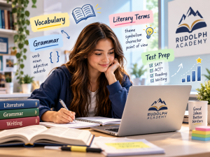 High school student using Rudolph Academy English Games to practice vocabulary, grammar, literary terms, writing, and SAT and ACT test preparation.